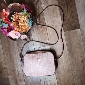 Guess Women's All-Over Monogram Print Crossbody Bag EUC Beige